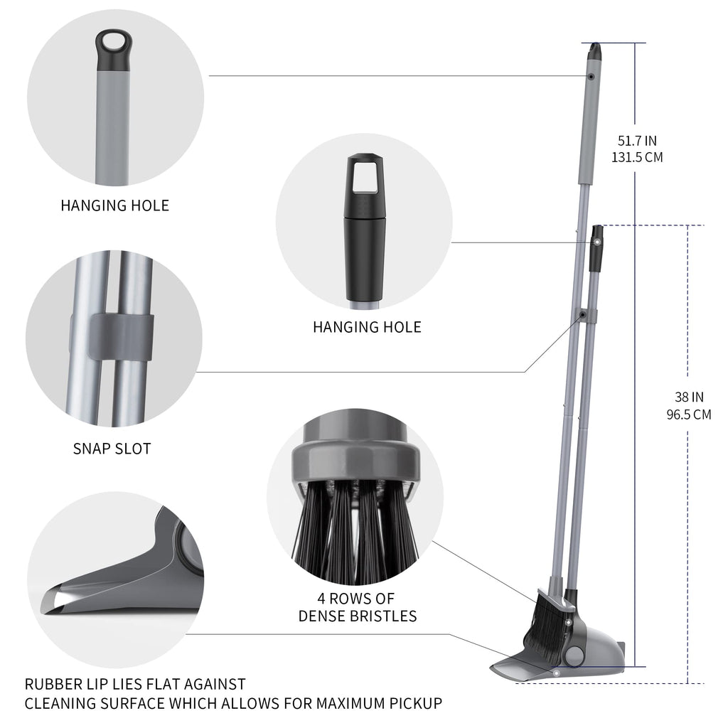 MR.SIGA Broom and Dustpan Set with Adjustable Long Handle, Upright Combo for Floor, Cleaning Lobby, Gray