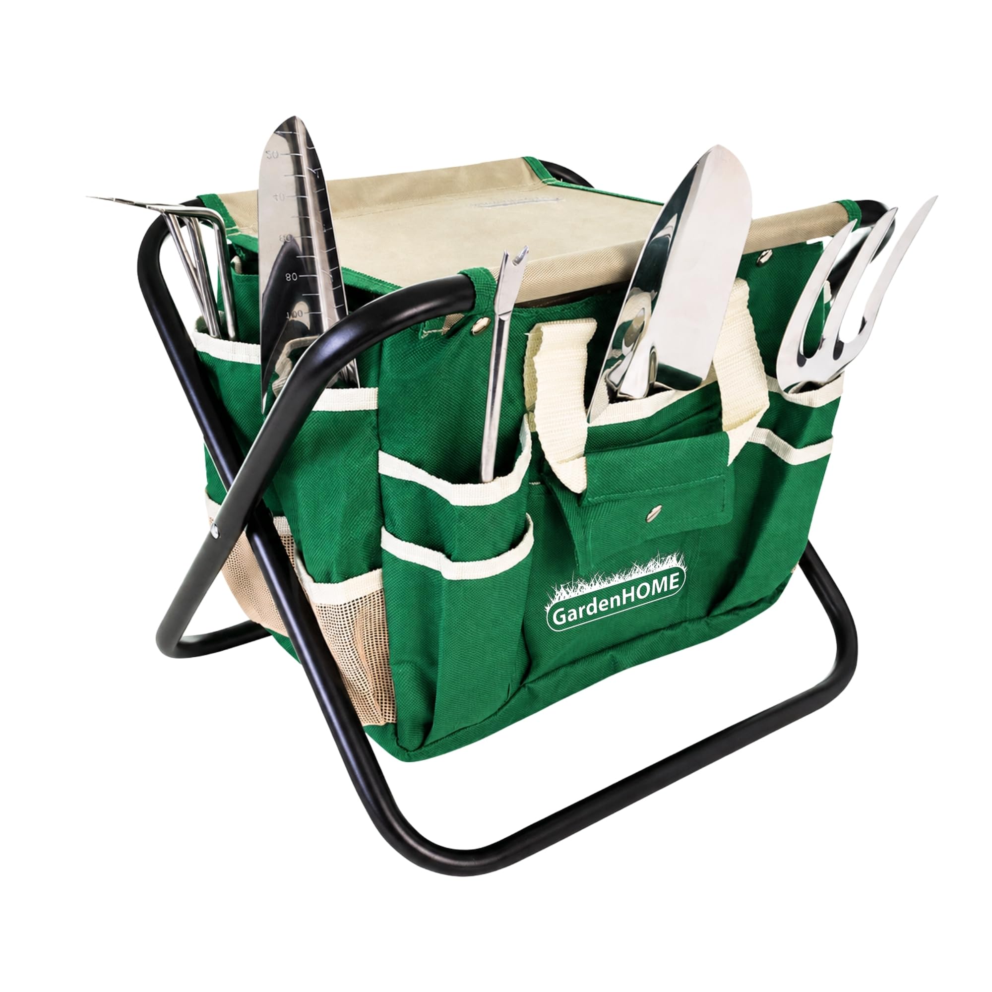 GardenHOME 7-Piece Gardening Tool Set with Folding Stool and Storage Tote Bag, Stainless Steel Garden Tools with Wooden Handles, Garden Kit for Planting, Weeding, Pruning, Yard Work, Gardening Gifts