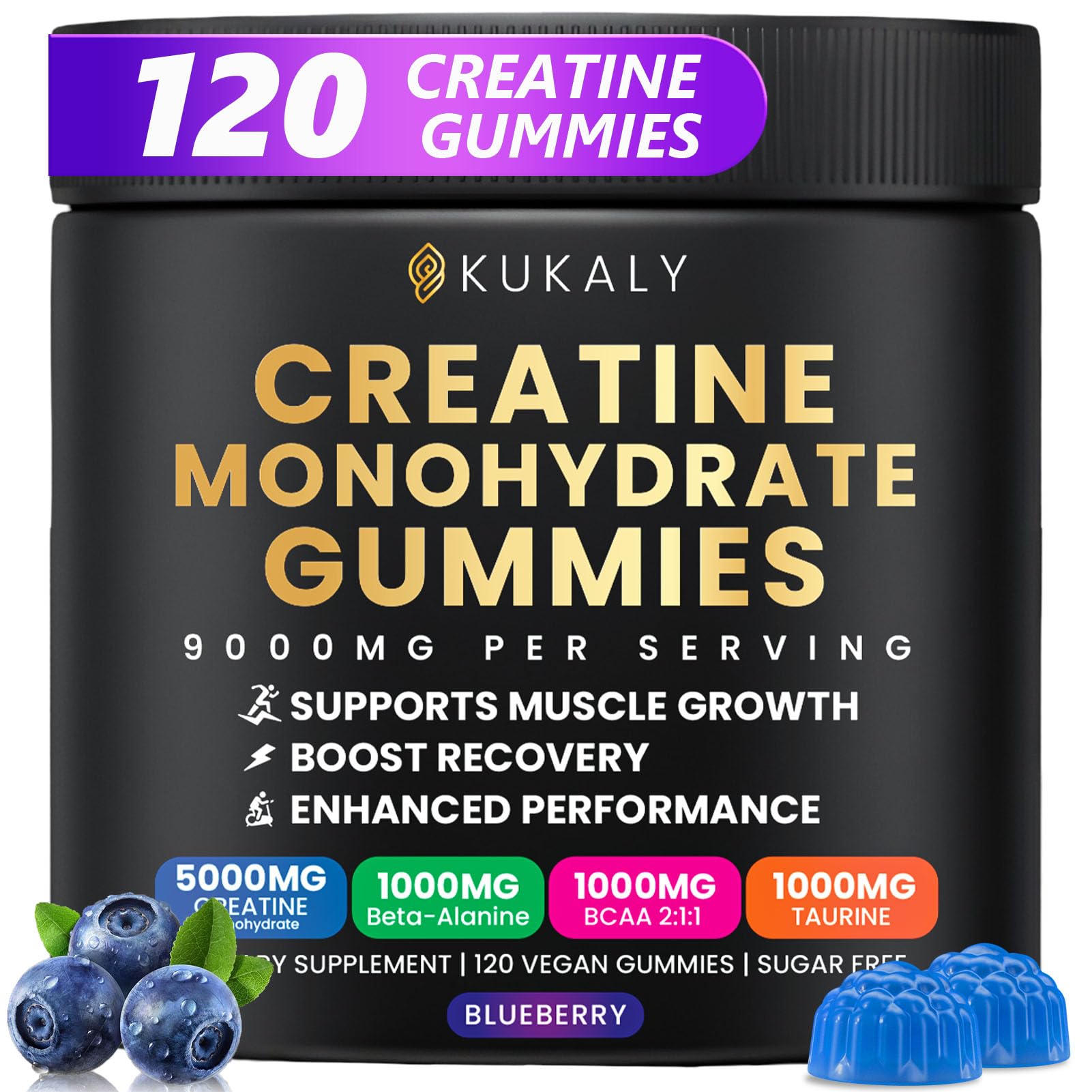 ZyterX Creatine Monohydrate Gummies for Men & Women, 9000MG Creatine Gummies Sugar Free with L-Taurine, BCAA 2:1, B12 B6 for Boost Strength, Focus & Endurance, Vegan, Non-GMO, Blueberry 120pcs