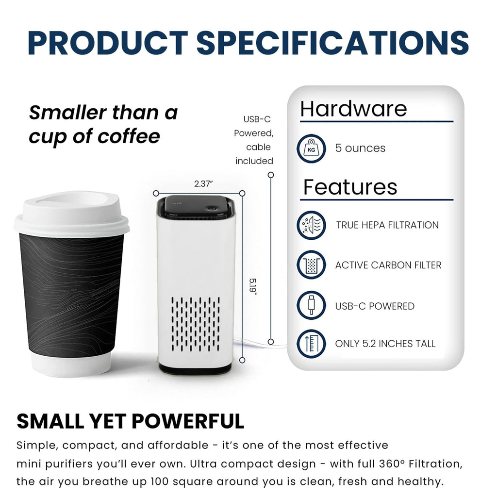 KIKI PURE A1 2021 Mini HEPA USB-C Powered Air Purifier. Ultra Portable (5.2in tall, 6.7 ounces), Ultra Quiet. for Travel, In-Car and Desktop (White)