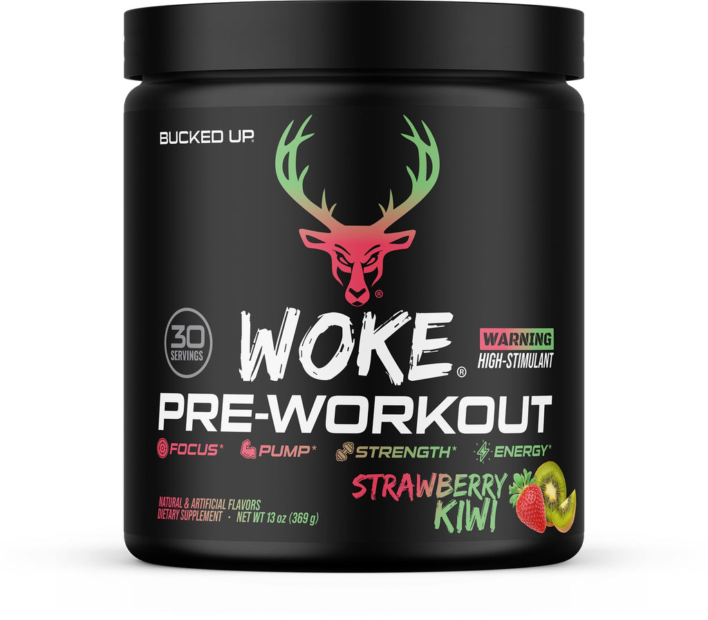 Bucked Up - Woke - HIGH STIM Pre Workout - Best Tasting - Focus Nootropic, Pump, Strength and Growth, 30 Servings (Strawberry Kiwi)