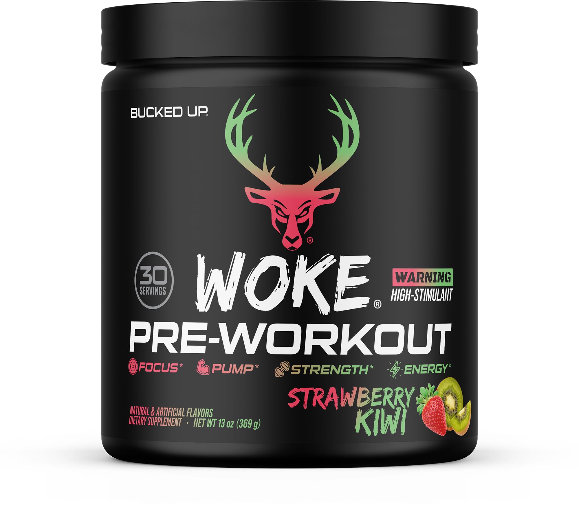 Bucked Up - Woke - HIGH STIM Pre Workout - Best Tasting - Focus Nootropic, Pump, Strength and Growth, 30 Servings (Strawberry Kiwi)