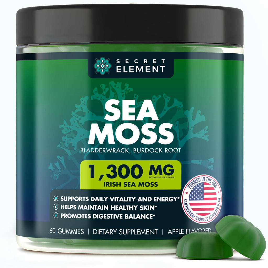 Secret Element Sea Moss Gummies 1300MG for Women and Men, Irish Sea Moss with Bladderwrack & Burdock Root, Vegan Sea Moss Gummies, Sugar Free, Non-GMO, Apple Flavor, 60 Gummies