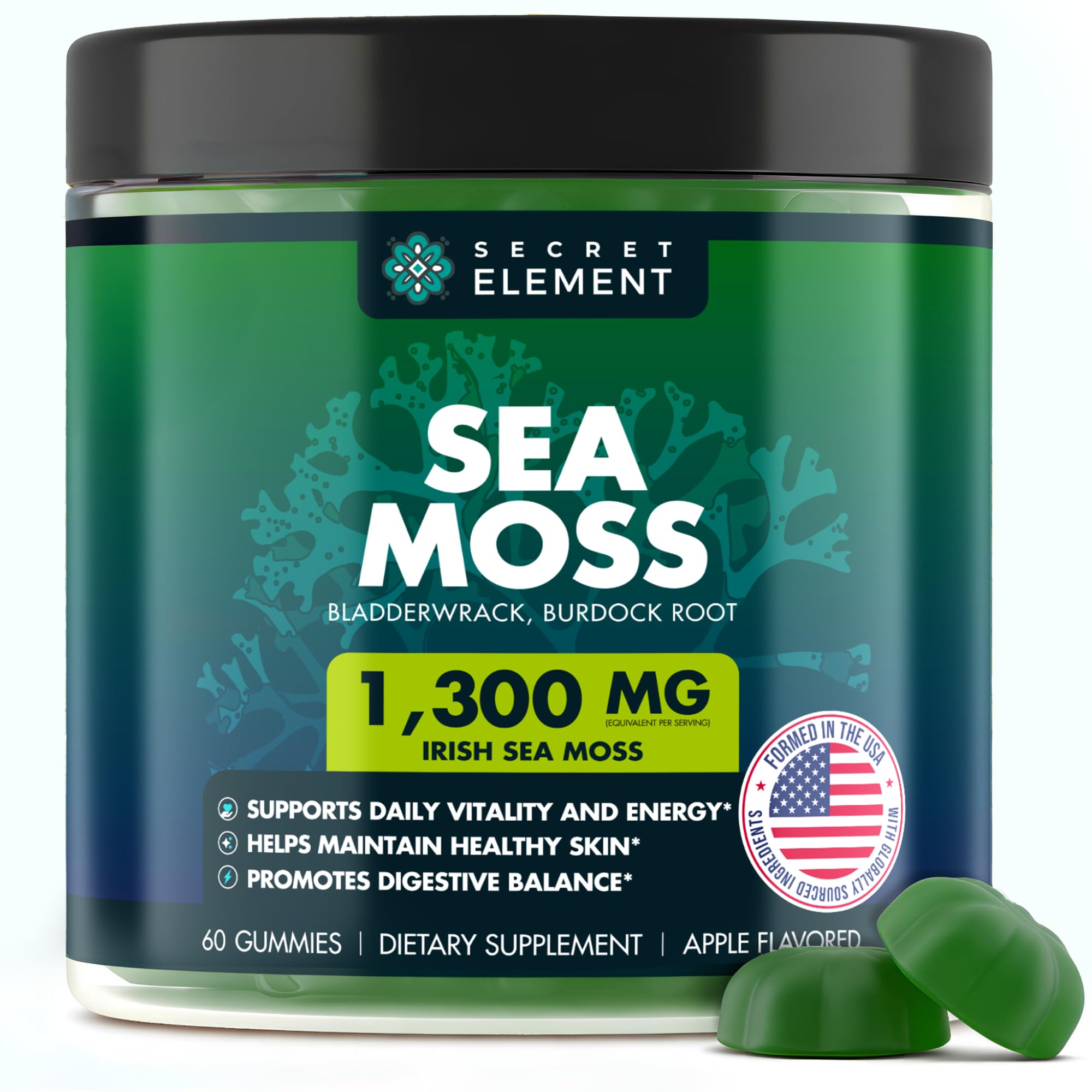Secret Element Sea Moss Gummies 1300MG for Women and Men, Irish Sea Moss with Bladderwrack & Burdock Root, Vegan Sea Moss Gummies, Sugar Free, Non-GMO, Apple Flavor, 60 Gummies