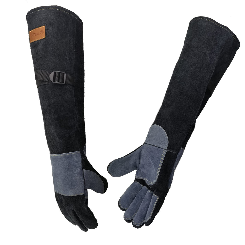 WZQH 21.3 In Leather Welding Gloves for Animal Handling,Grabbing Reptile, Grooming,Trips to Vet,BBQ,Fireplace.Puncture & Scratch Resistant, Bite Proof for Cat Dog Bird Falcon Livestock Snake M Black