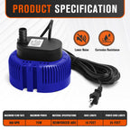 Sump Pump,Pool Cover Pump above Ground,submersible water pump Swimming Water Removal Pumps,for Swimming Pool Basement Garden Pond Tubs Draining,75W,Max Flow:850GPH,3 Adapters,25 Ft Power Cord (Blue)