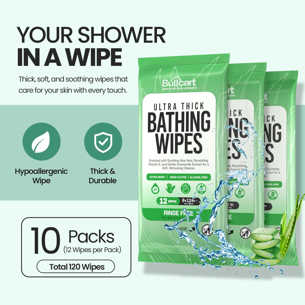 XL Bathing Wipes - Body Wipes for Adults Bathing No Rinse - 10 Pack, 120 Wipes - Disposable Cleansing Cloths for Women, Men & Elderly - W/Aloe - Shower Wipes - Camping & Travel Essentials
