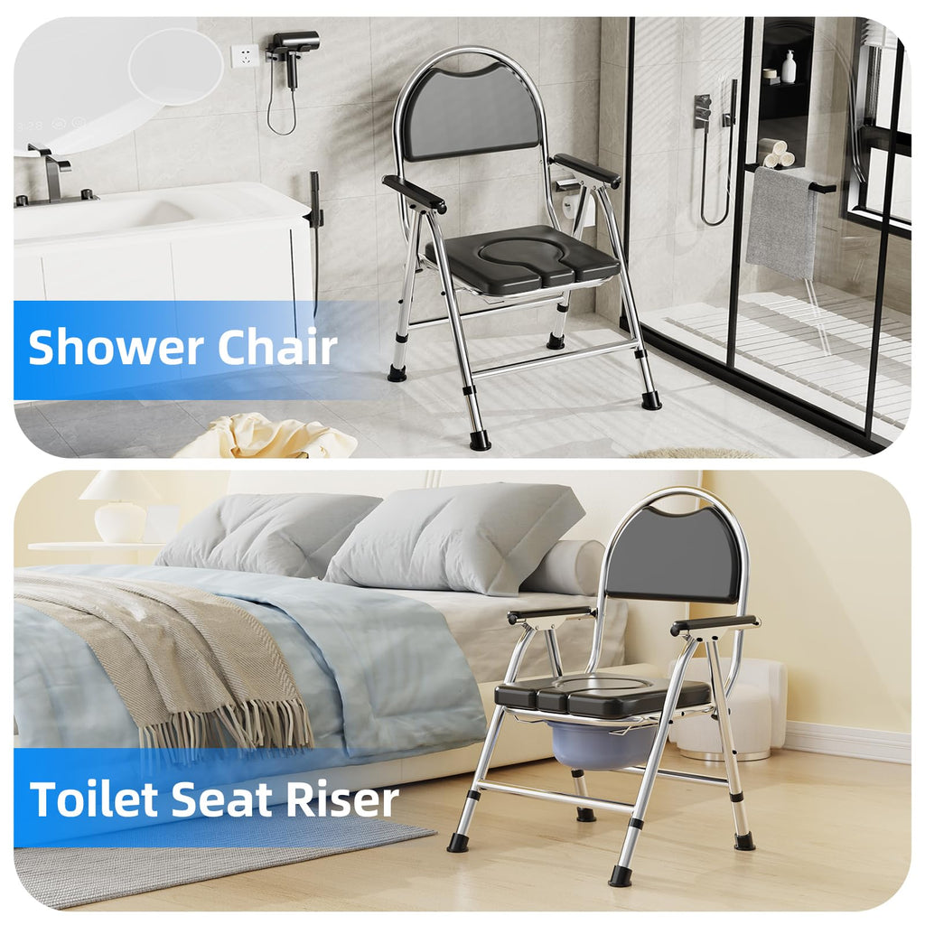 4 in 1 Folding Bedside Commode Chair for Elderly with Arms and Back,Adjustable Height Raised Toilet Seat with Handles,Adults Potty Chair for Seniors,Disabled Holds Up to 350 lbs (PU Soft Seat)