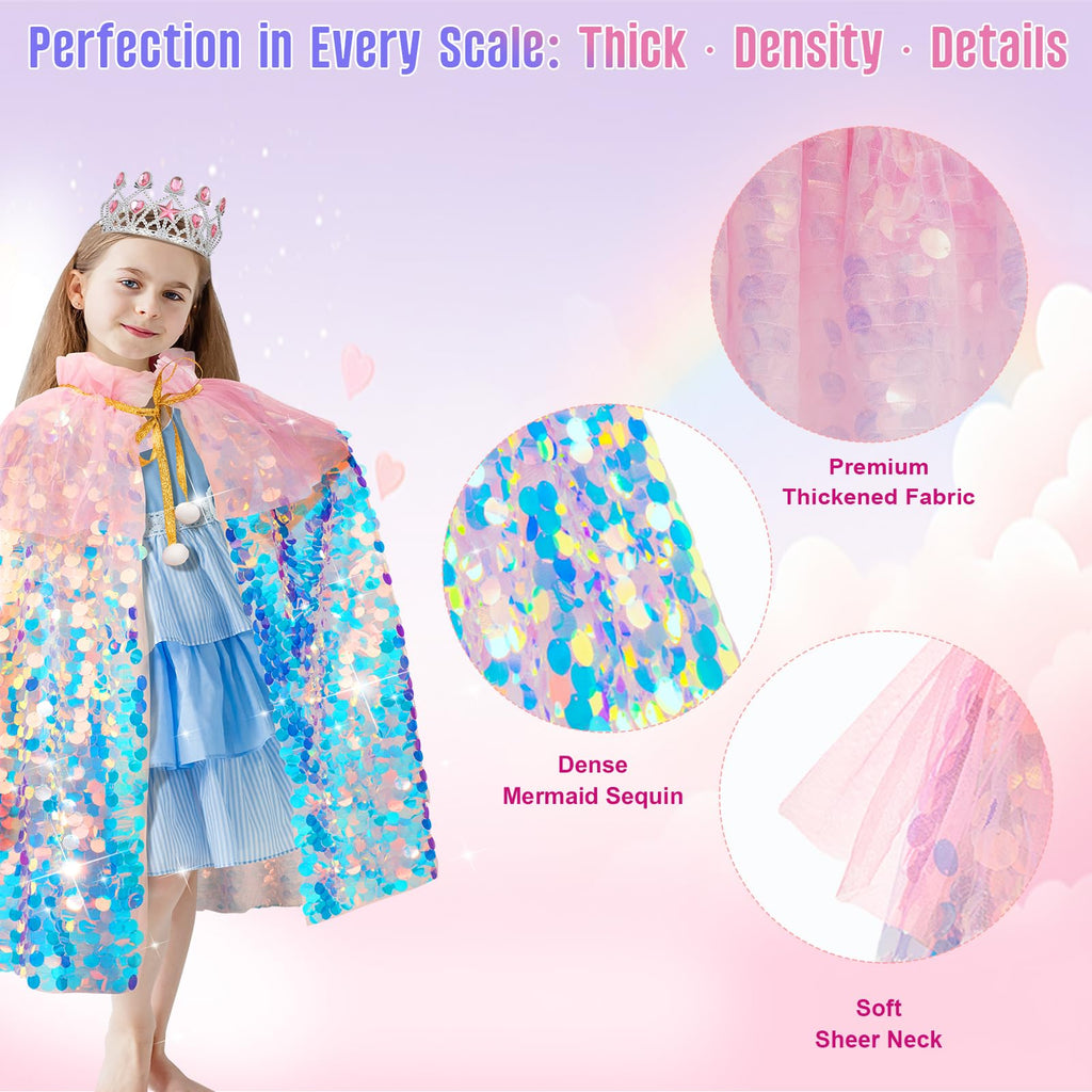 Meland Princess Dress Up for Girls 3-8, Mermaid Cape with Crown, Dress Up Clothes for Girls Birthday Gift, Christmas, Halloween Role Play Costumes, Toys for Kids Toddlers Pretend Play
