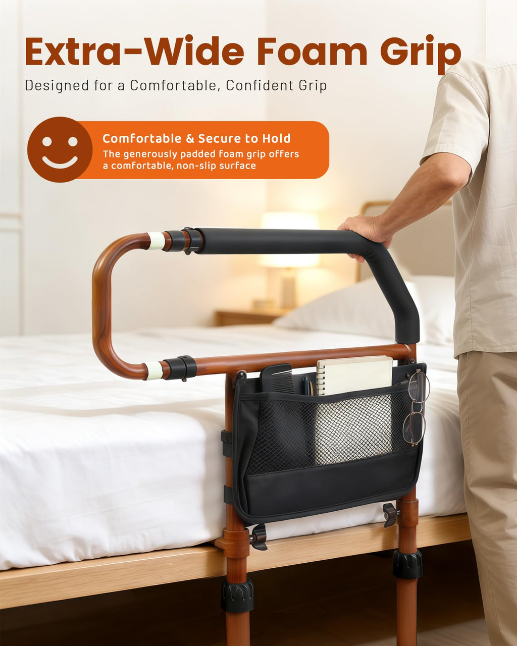 Sangohe Bed Rail for Elderly, Bed Assist Grab Bar Handle with Storage Pocket, Safety Bed Rails for Elderly Adults Getting in & Out of Bed at Home and Dorm, Reddish Brown, 504A02