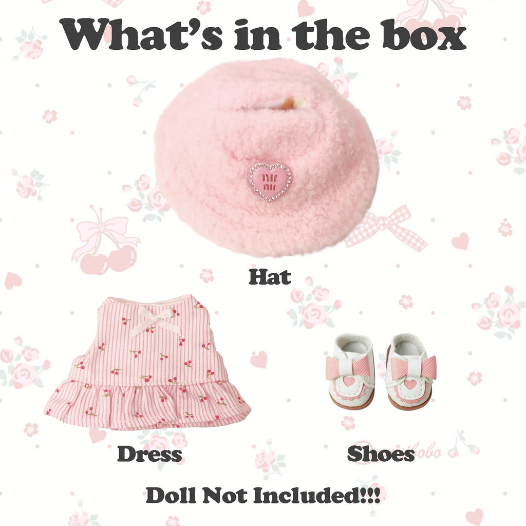 Clothes Compatible with LABUBU Doll – 3PCS Pastoral Style Set, 17cm Doll Clothes Designer Outfit for Sweet Camping Theme, Chic Stylish Accessories for Labubu, No Doll (Cherry Picnic Dress) ﻿