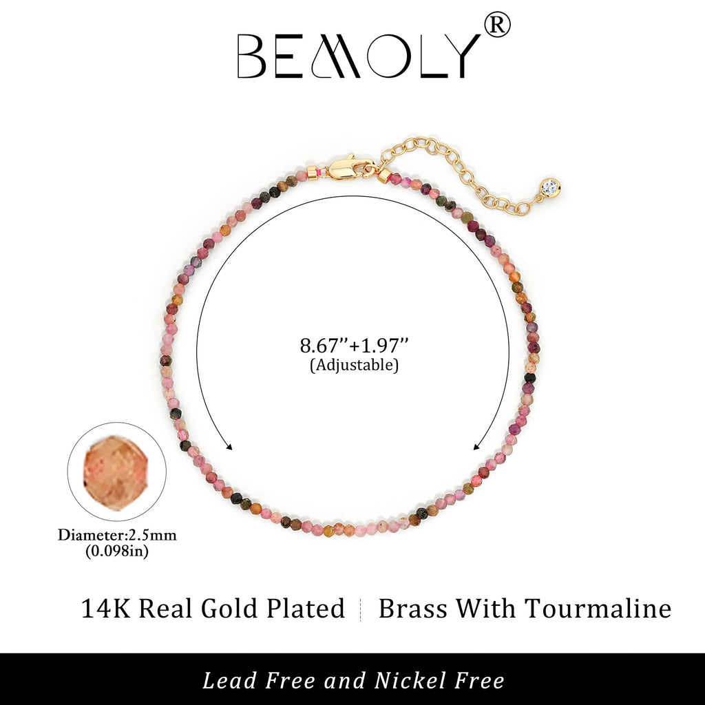 Faceted Multi-Color Tourmaline Anklet for Women - Rainbow Gemstone Beads Anklet with Sparkling CZ Tail Charm - 22cm + 5cm Adjustable 14K Gold Plated Foot Chain - October Birthstone Jewelry Gift for Her, Summer Beach Vacation