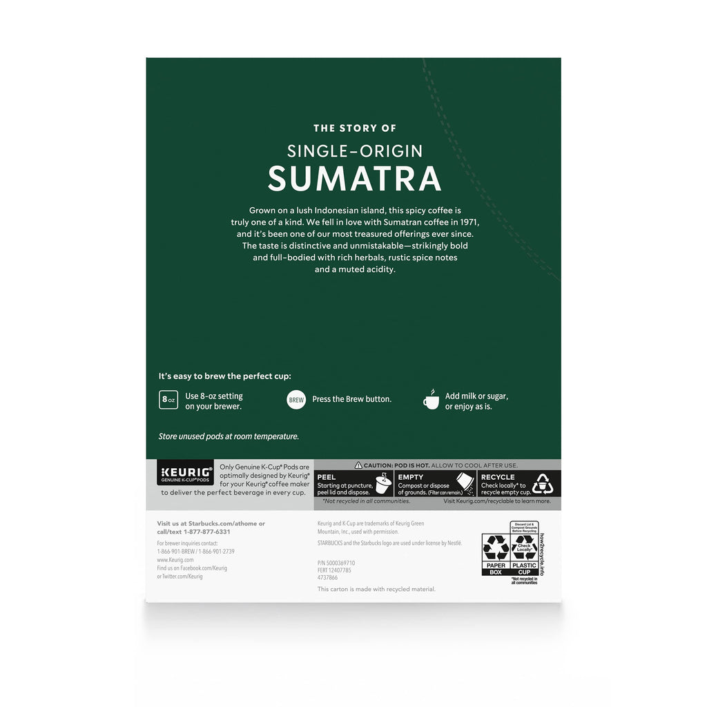 Starbucks K-Cup Coffee Pods, Dark Roast Coffee, Sumatra for Keurig Brewers, 100% Arabica, 4 boxes (96 pods total)
