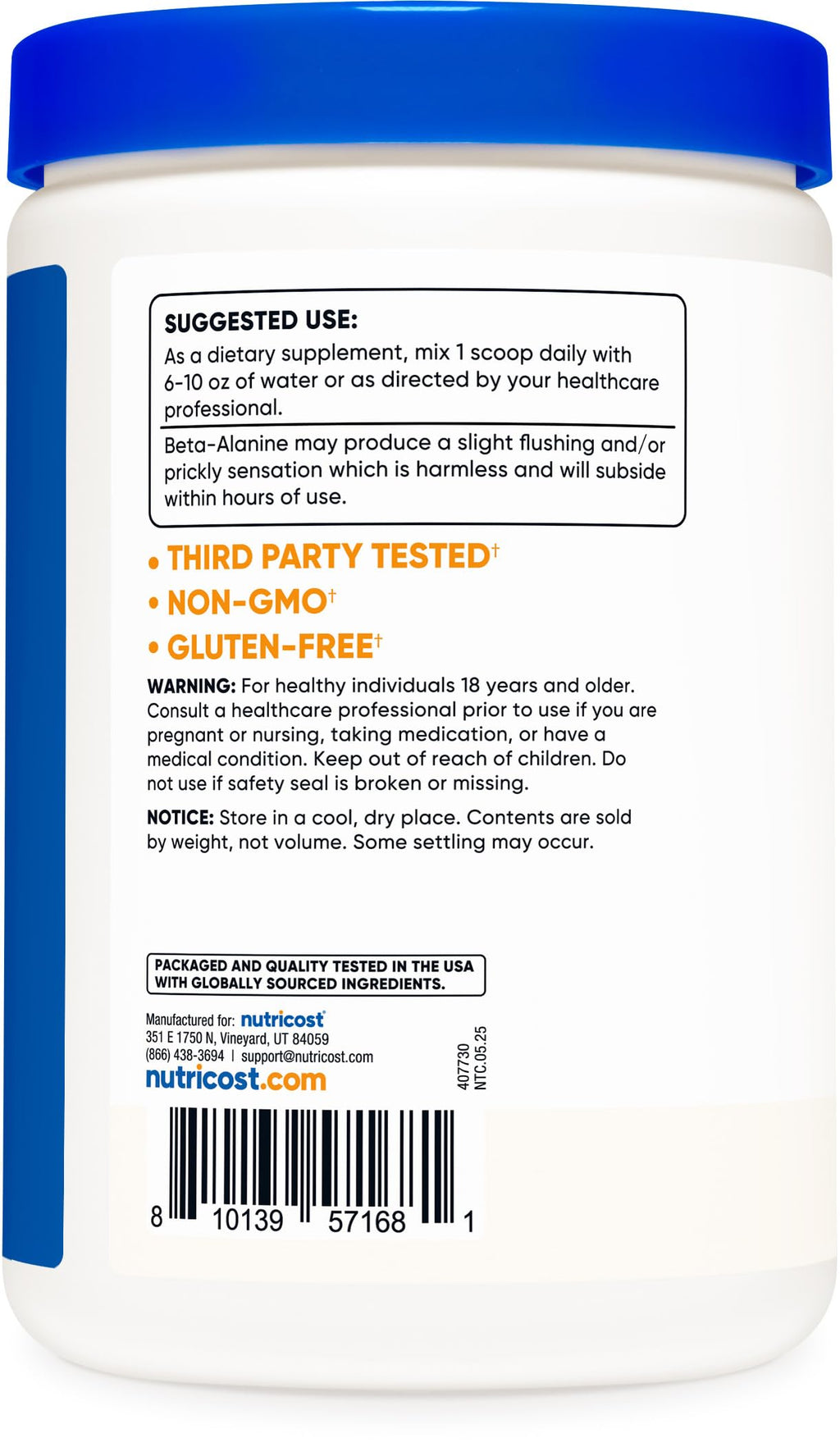 Nutricost Beta Alanine Powder 500 Grams (1.1lbs) - Pure Beta Alanine, Gluten Free & Non-GMO