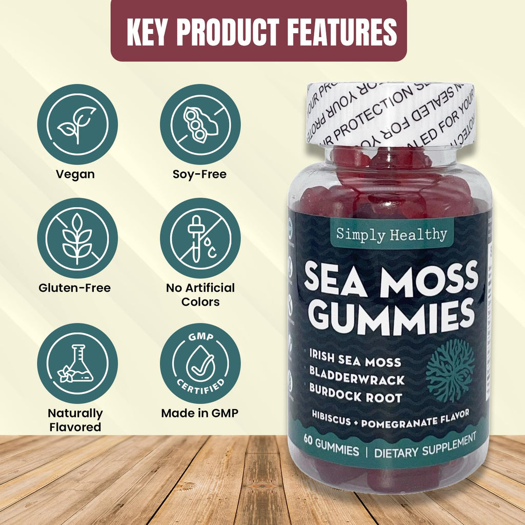 Simply Healthy Premium Sea Moss Gummies, Irish Sea Moss Supplement with Bladderwrack and Burdock Root, Vegan Support Detox Gummies, Plant-Based Wellness, for Gut Health, Superfood 60ct
