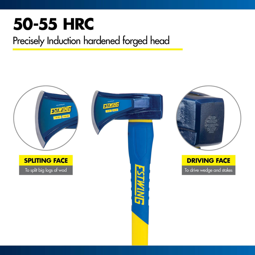Estwing 8 lb Wood Splitting Maul with 36-Inch Fiberglass Handle - Forged Head Hardened to 50–55 HRC, Heavy-Duty Log Splitter, Model #62374