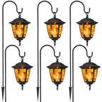 Dynaming 6 Pack Solar Flame Hanging Lights Outdoor, Halloween Solar Flickering Flame LED Garden Lanterns with 6 x 38 Inch Shepherd Hooks, Christmas Lighting for Lawn Patio Yard Pathway Driveway