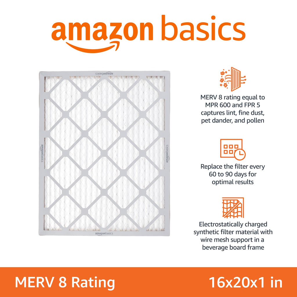 Amazon Basics 16x20x1 Air Filter 6-Pack, MERV 8 AC Furnace Filters, Allergen Control , Removes Dust, Lint and Pollen, Electrostatic (Actual Size: 15.75" x 19.75" x 0.75")