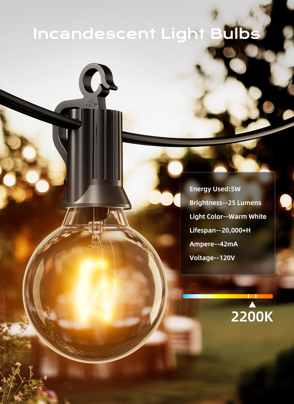 Brightown G40 Clear Light Bulbs Outdoor Light Bulbs Globe E12 Candelabra Screw Base, Incandescent Round Warm Replacement Glass Bulbs for Patio String Lights, 5W 120V, Pack of 50