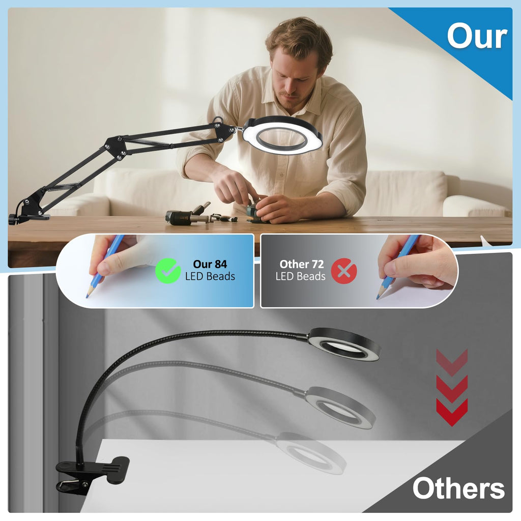 Upgrade 12X Magnifying Glass with Light and Stand, Real Glass Magnifying lamp, 5 Color Modes Stepless Dimmable,84LEDs Desk Lamp, Magnifier with Light Hands Free for Close Work, Reading Craft Repair