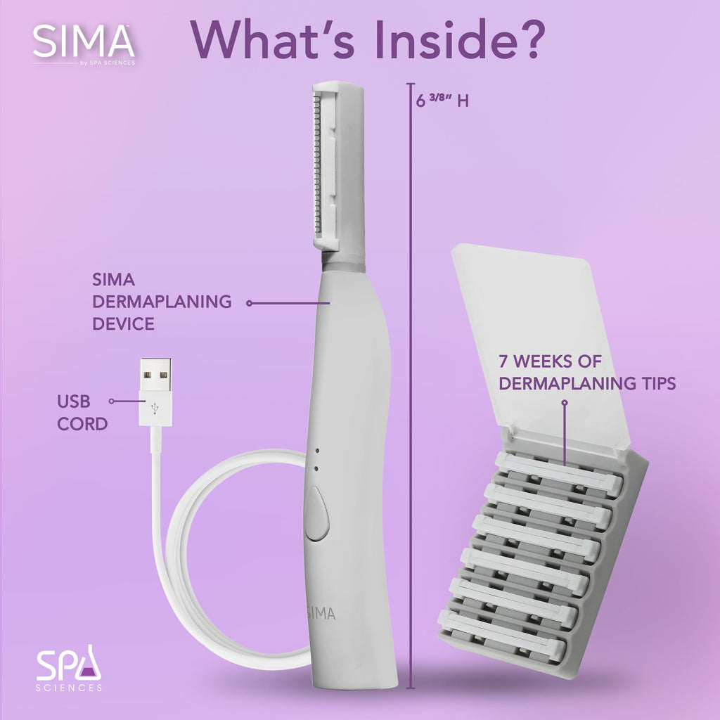 SPA SCIENCES - SIMA Patented Dermaplane Razor for Women Face – Painless 2-in-1 Facial Exfoliation & Peach Fuzz Hair Removal – Anti-Aging – 3 Speeds – Rechargeable – 7 Weeks Treatment