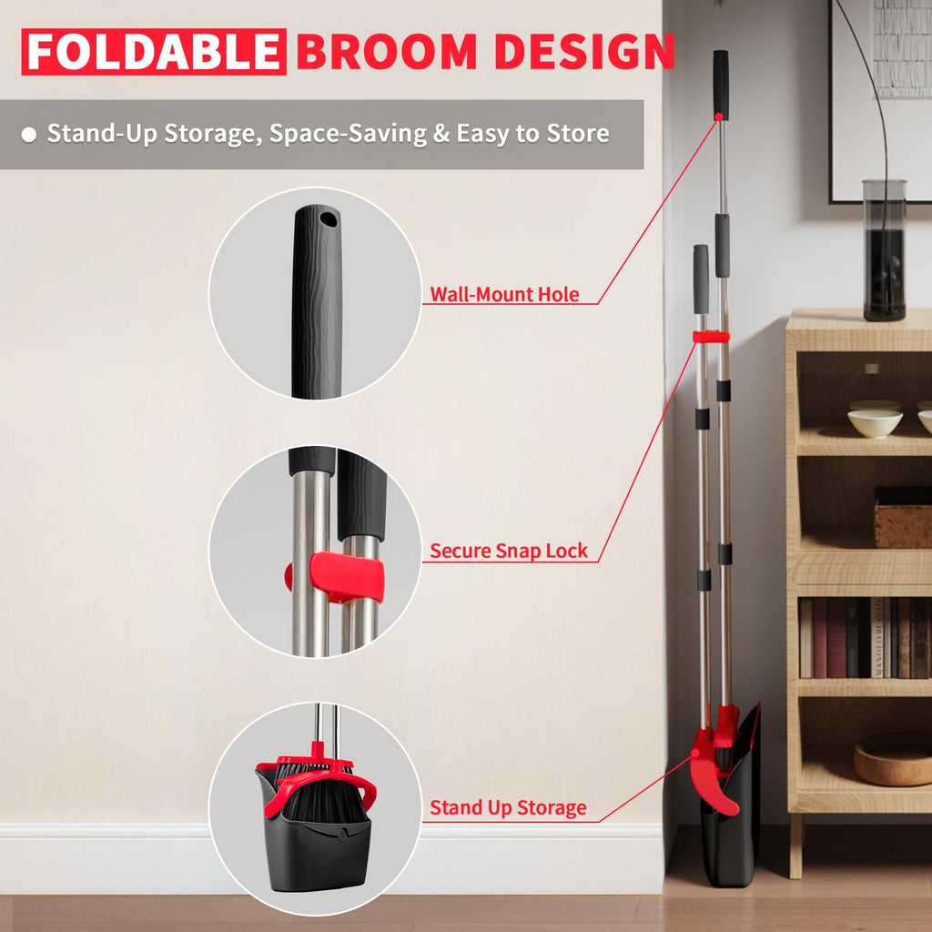 Broom with Dustpan Combo Set, Dust Pans with Long Handle for Upright Sweeping, Standing Broom and Dustpan Set with Self-Cleaning Teeth for Home, Kitchen & Office Floors(Red & Black)