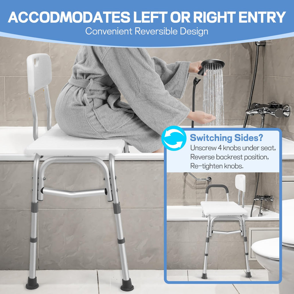 Tub Transfer Bench for Bathtub, Height Adjustable Shower Bench with Backrest, Shower Chair Bath Seat for Elderly, Seniors, Arm Support for Transfer