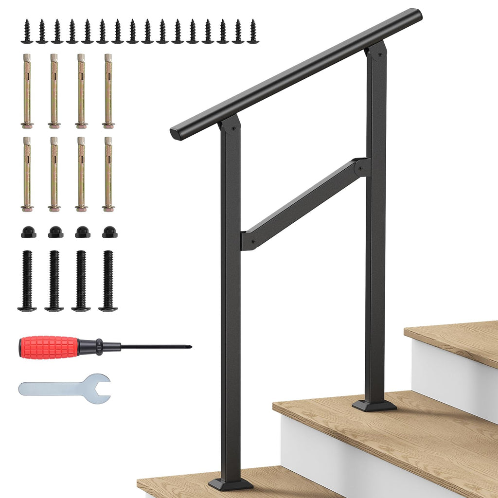 Hand Rails for Outdoor Steps, 2-5 Steps Wrought Iron Handrails for Outdoor Steps, Stair Railing for Porch, Home, Garden, Indoor, Staircase Handrails for Wooden, Cement, Brick, Marble (5 Steps)