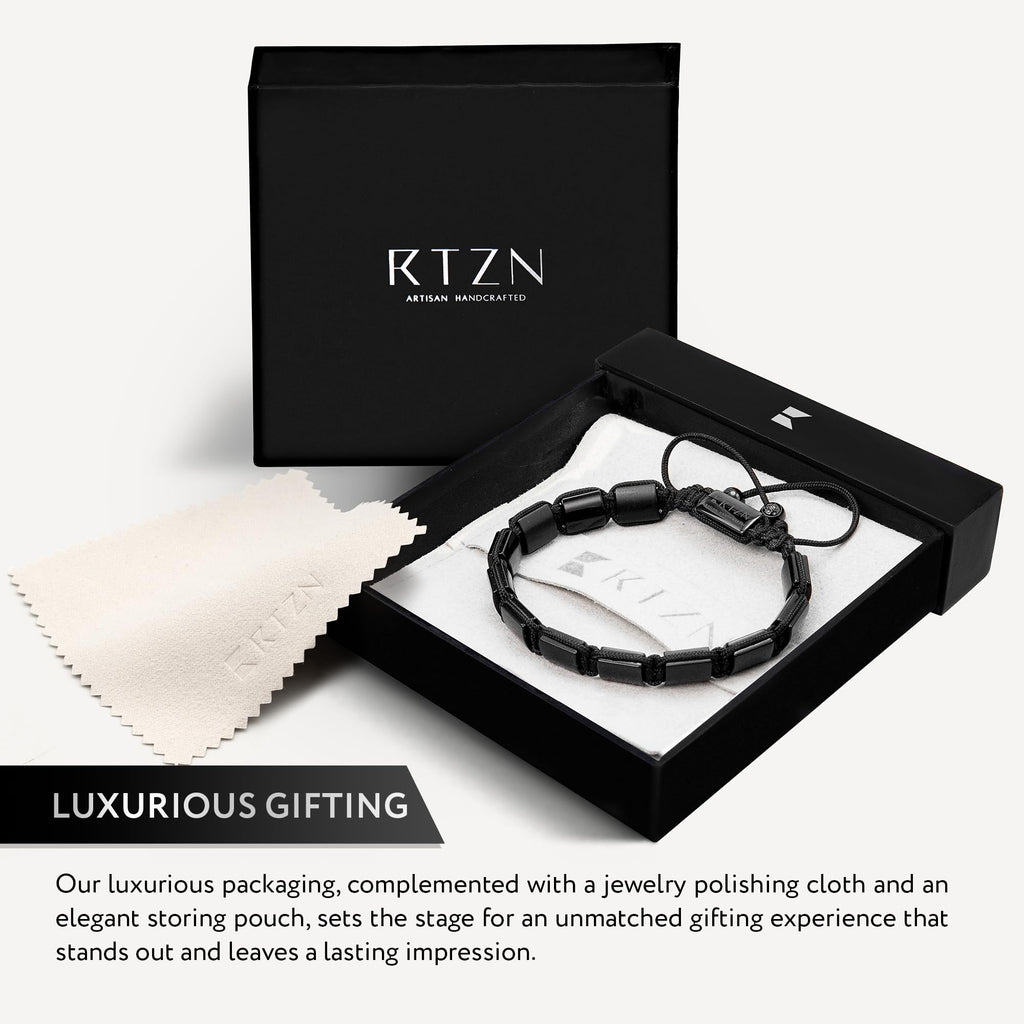 RTZN® Black Onyx Bracelet for Men – Premium Artisan Handcrafted Authentic Matte Black Beads – 9MM Adjustable Mens Beaded Bracelets (Havana)