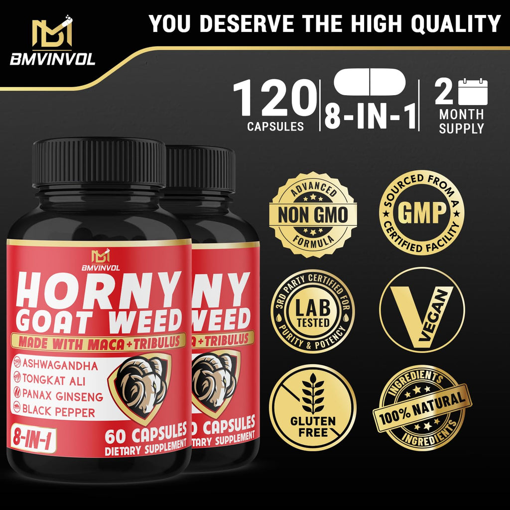 BMVINVOL (2 Packs) Horny Goat Weed Capsules with Maca, Tribulus, Ginseng. Ashwagandha,Tongkat Ali - 8-in-1 for Support Energy Levels