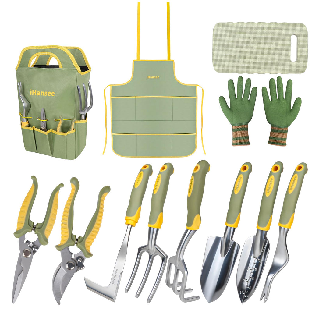 iHansee Green Garden Tools Set 12-Piece, Gardening Gifts for Women Men