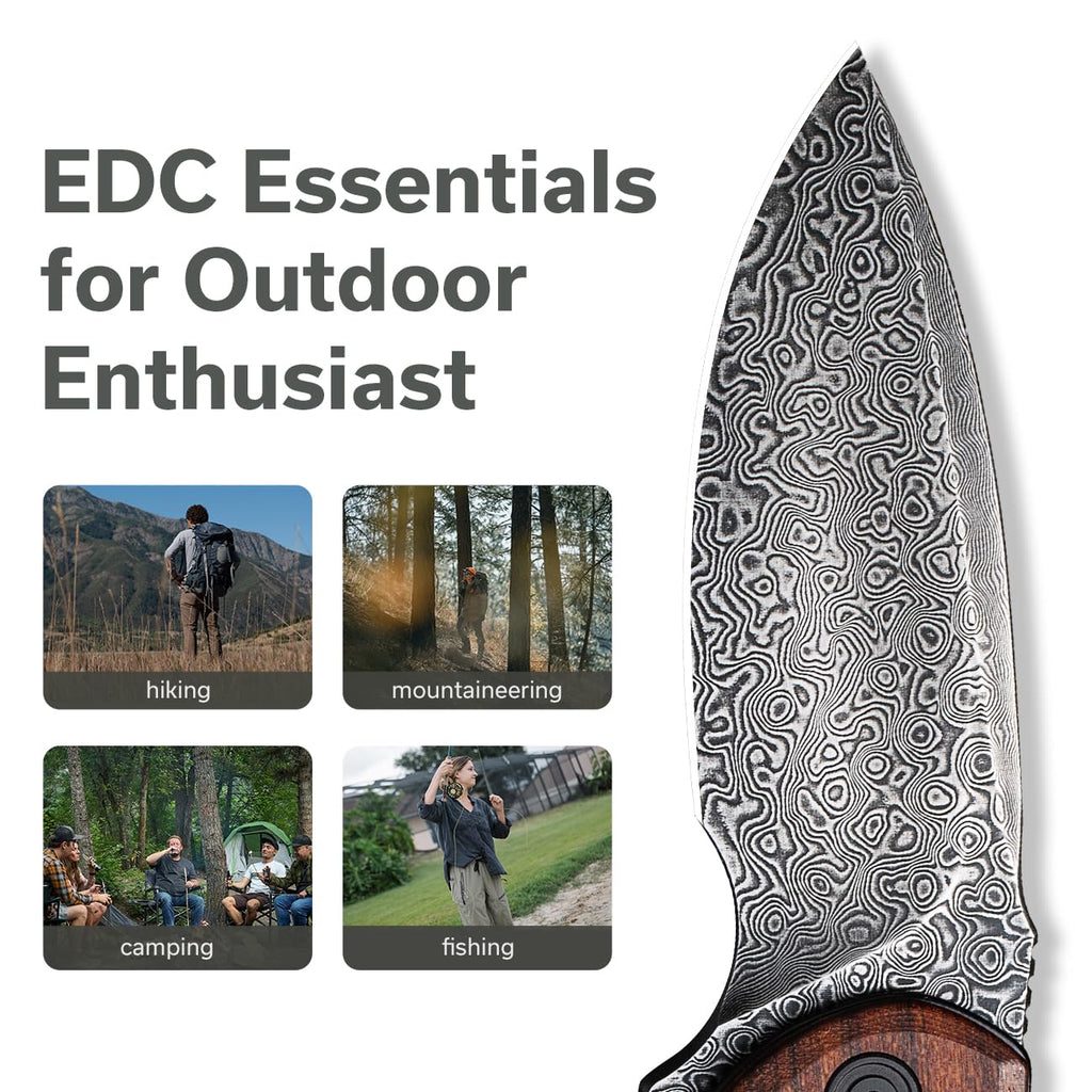 CIVIVI Folding Pocket Knife for EDC, Small Mini Praxis Knife for Men Women, 2.98" Damascus Blade Guibourtia Wood Handle, Sharp Camping Hiking Knives C18026C-DS1