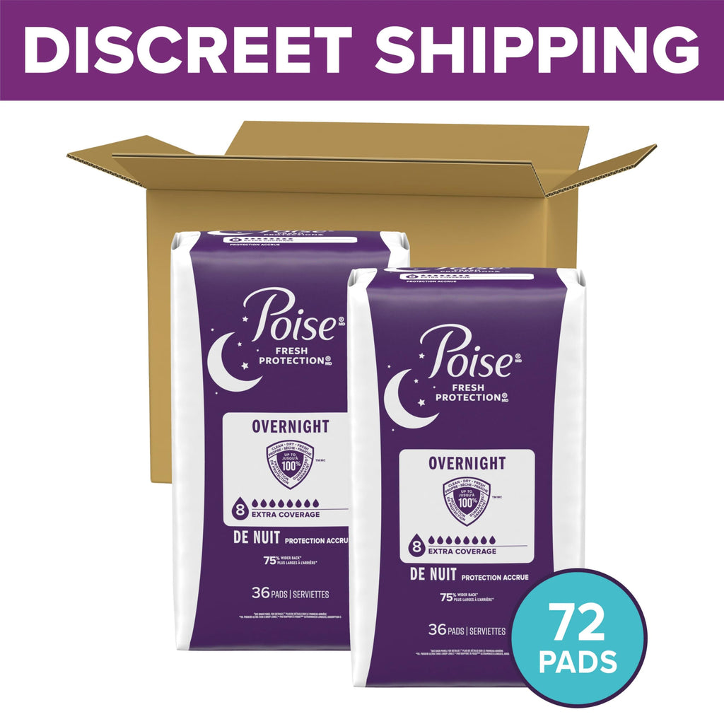 Poise Incontinence Pads & Postpartum Incontinence Pads, 8 Drop Overnight Absorbency, Extra-Coverage Length, 72 Pads (2 Packs of 36), Packaging May Vary