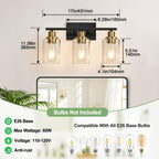 Indoi 3-Light Bathroom Light Fixtures, Black and Gold Modern Vanity Lights with Clear Glass Shades, Bathroom Wall Lamp for Mirror Living Room Cabinet Bedroom Porch