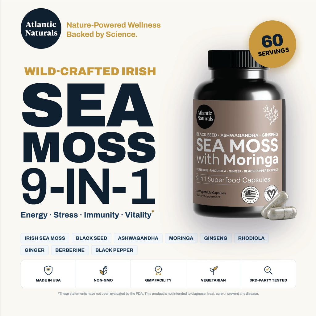 Sea Moss Capsules – Irish Sea Moss with Black Seed Oil, Ashwagandha, Moringa, Ginseng & Ginger for Energy, Vitality & Wellness – Seamoss Nutritional Supplement – Made in USA – 60 Capsules