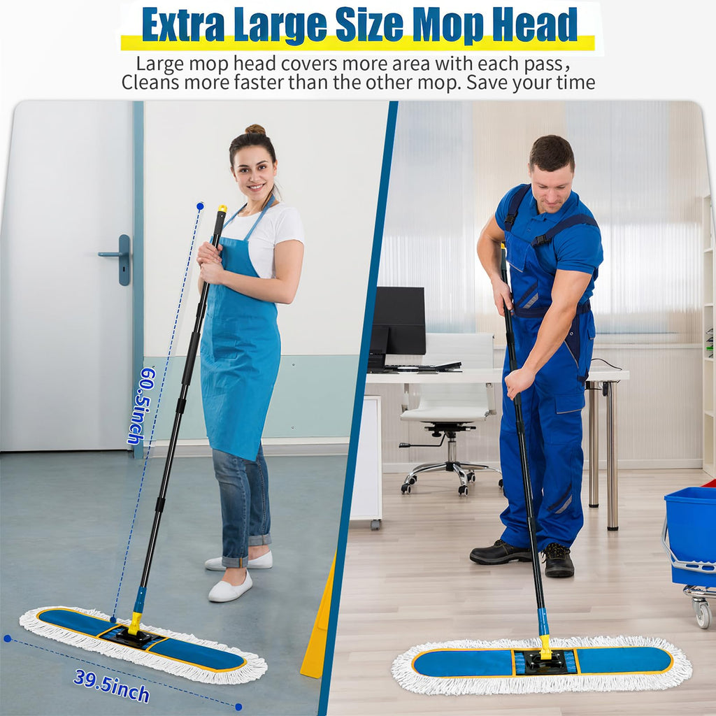 36" Commercial Dust Mop for Floor Cleaning with 2 Cotton Mop Pads, Heavy Duty Industrial Large Floor Duster,Wet Dry Mops for Hardwood Floors,Concrete,Marble, Laminate,Tile,Garage,Blue