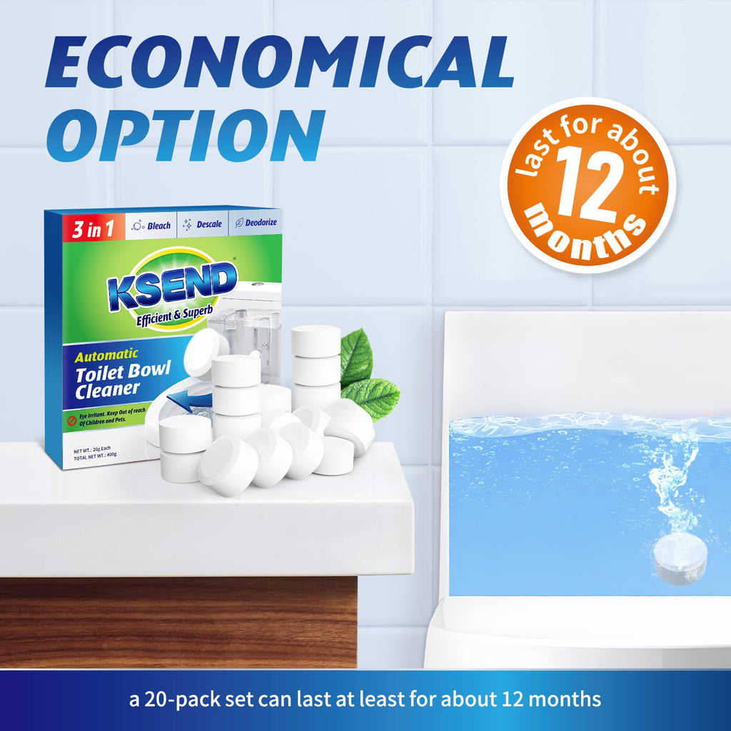 Ksend Toilet Bowl Cleaner Tablets - 40 PCS Automatic Bleach Toilet Cleaner Tablets, Slow-Releasing Deodorizing & Descaling, Powerful Bathroom Tank Cleaner