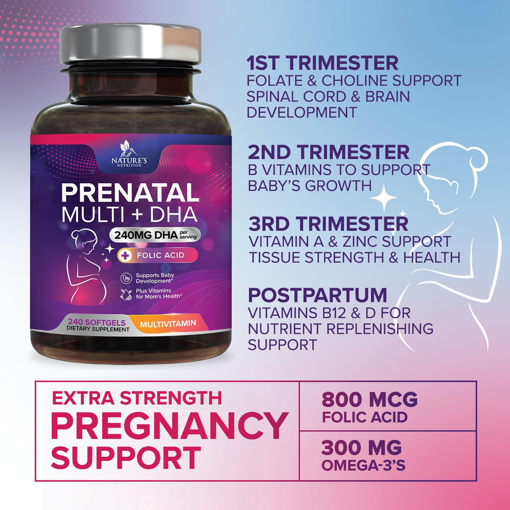 Prenatal Vitamins for Women with Folic Acid + Omega 3 DHA for Fetal Brain Development, Best Prenatal Vitamin Supplement, Daily Pregnancy Multivitamin Nutritional Support, Non-GMO - 240 Softgels