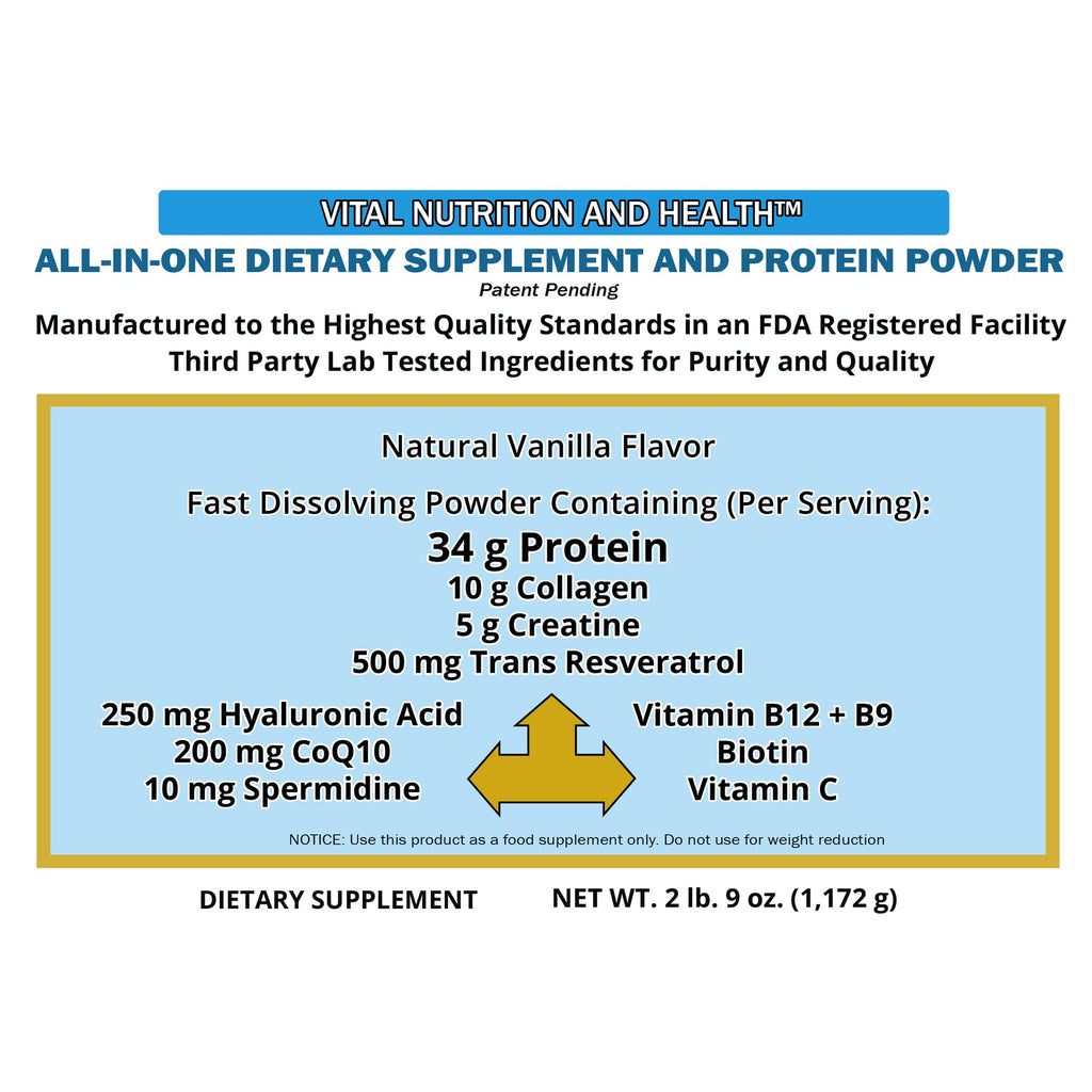 Vital Nutrition and Health All-in-One Powder: Protein, Collagen, Creatine, Resveratrol, Spermidine, Hyaluronic Acid, CoQ10 + Key Vitamins