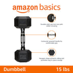 Amazon Basics Rubber Hex Dumbbell Hand Weight with Comfortable Grip for Home and Gym, 15 Pounds, Single