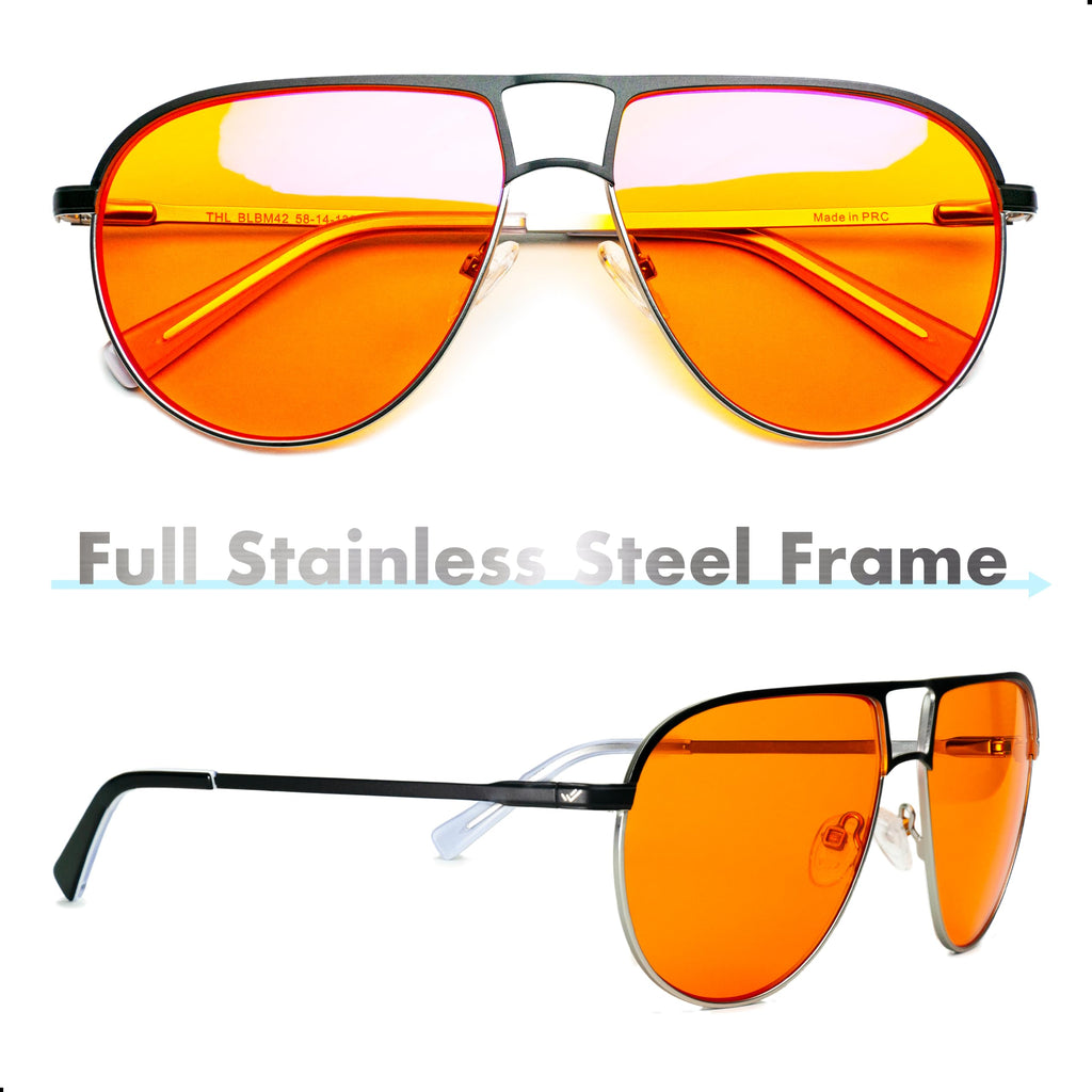 Orange Aviator Blue Light Blocking Glasses for Better Sleep - 97% Premium Metal Classic Aviators Computer Migraine Glasses for Women & Men - Amber Gaming Glasses - Blue Light Blocker Anti Eye Strain