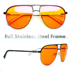 Orange Aviator Blue Light Blocking Glasses for Better Sleep - 97% Premium Metal Classic Aviators Computer Migraine Glasses for Women & Men - Amber Gaming Glasses - Blue Light Blocker Anti Eye Strain
