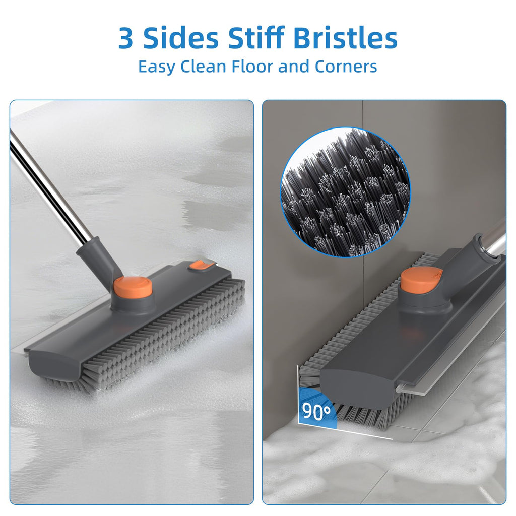 Scrub Brush with Long Handle, Floor Scrub Brush Squeegee Broom for Cleaning, 3 in 1 Shower Scrubber Floor Broom Squeegee for Concrete Tile Wall Deck Patio Grey