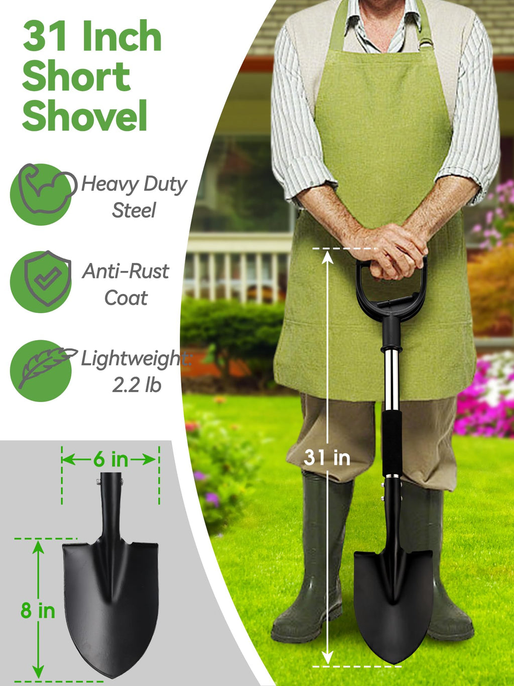 Shovel, Garden Shovels for Digging Gardening Heavy Duty, 31 inch Small Short Metal Shovel with D-Handle, Sharp Round Point Blade, Comfort Grip, Camping, Off Road, Soil, Kids Sand Beach Mini Spade Tool