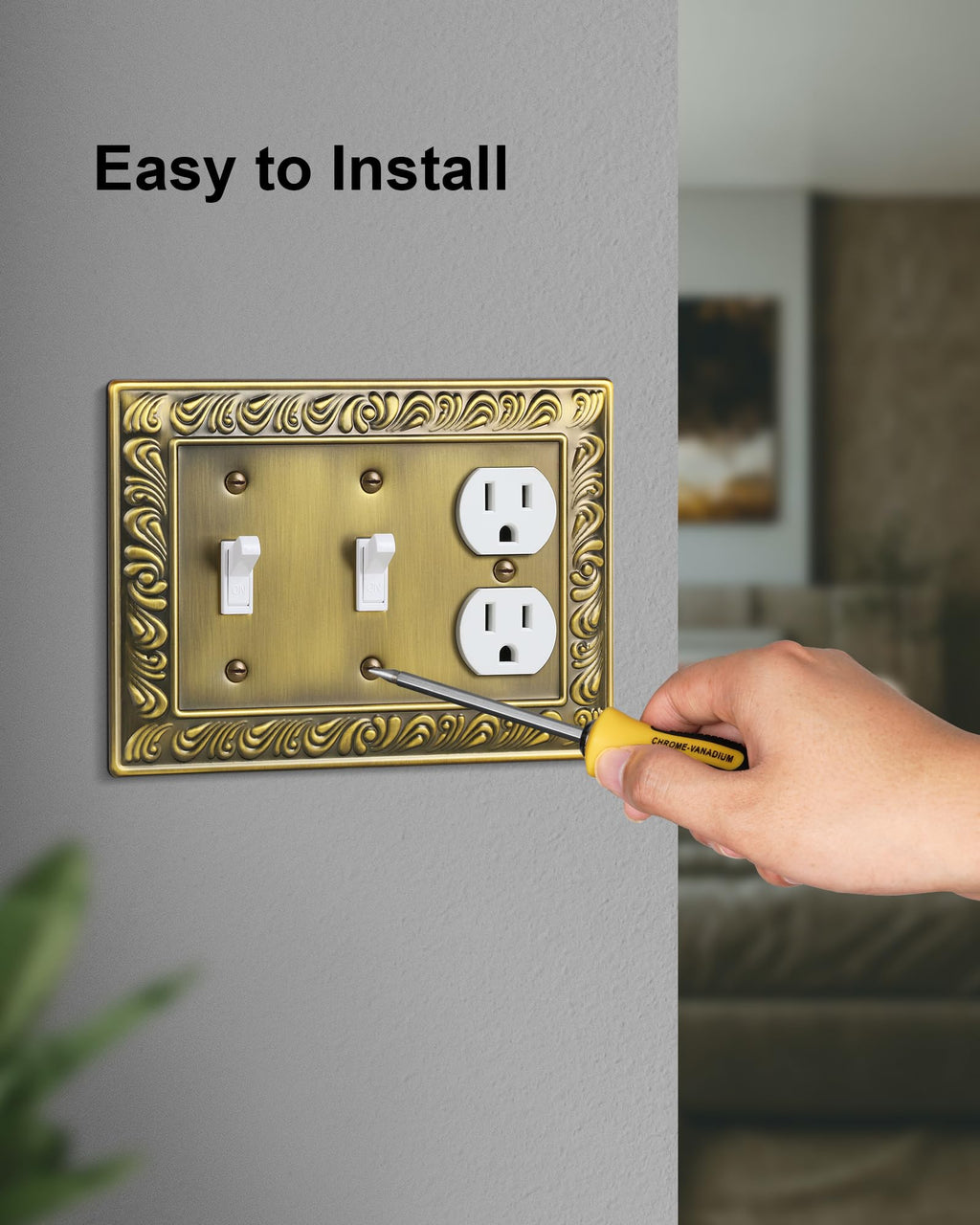 TREEWELL 2-Pack Combo Double Toggle/Single Duplex Outlet Covers, Paisley Pattern Decorative Switch Plates and Outlet Covers, 4 Gang Antique Brass Metal Wall Plates, Corrosion Resistant