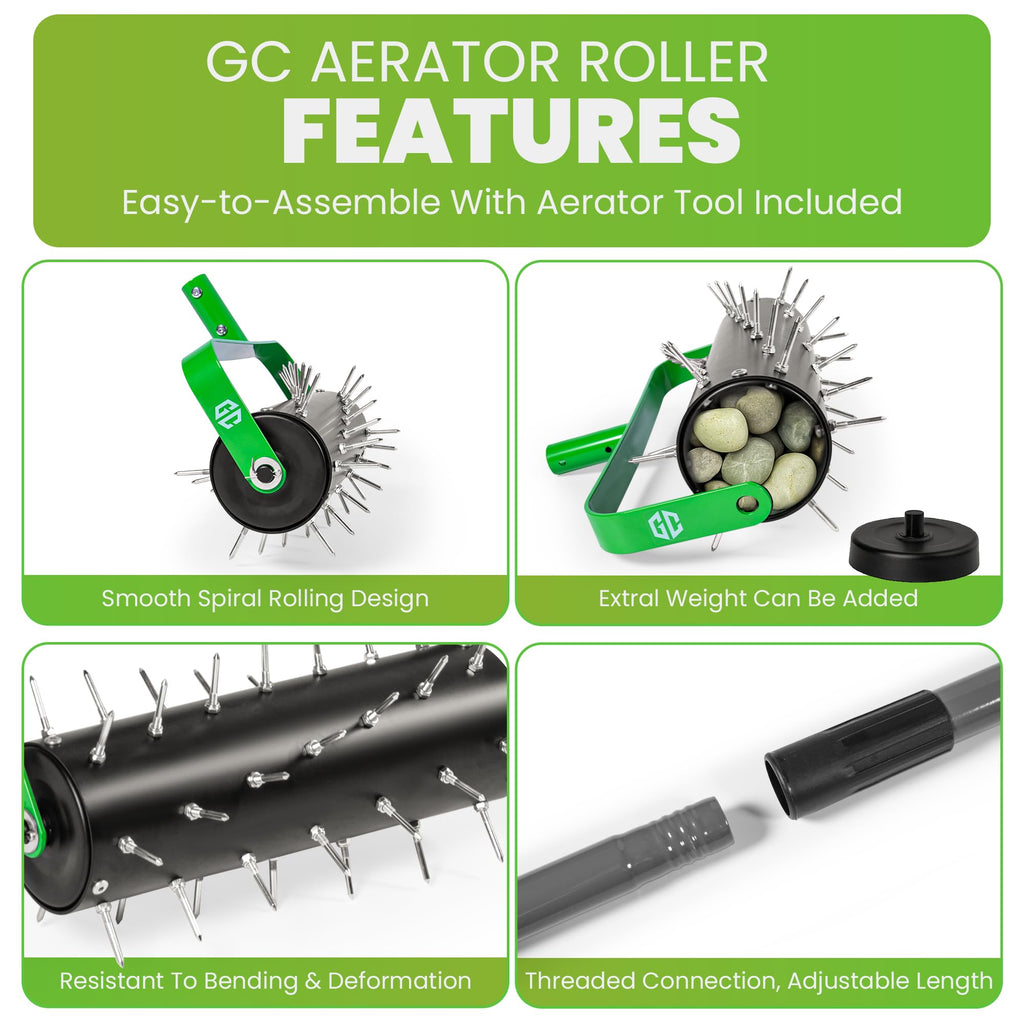 Manual Lawn Aerator Roller Tool, Heavy-Duty Rolling Lawn Aerator, 42 Pre-Attached Steel Spikes, 57 Inch Adjustable Height, Fillable Weighted Drum, 2 Inch Soil Penetrator for Lawn, Garden & Yard Care