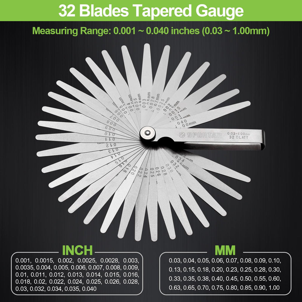 Spurtar Feeler Gauges 0.001-0.04" (0.03-1.00mm) 32 Blades Tapered