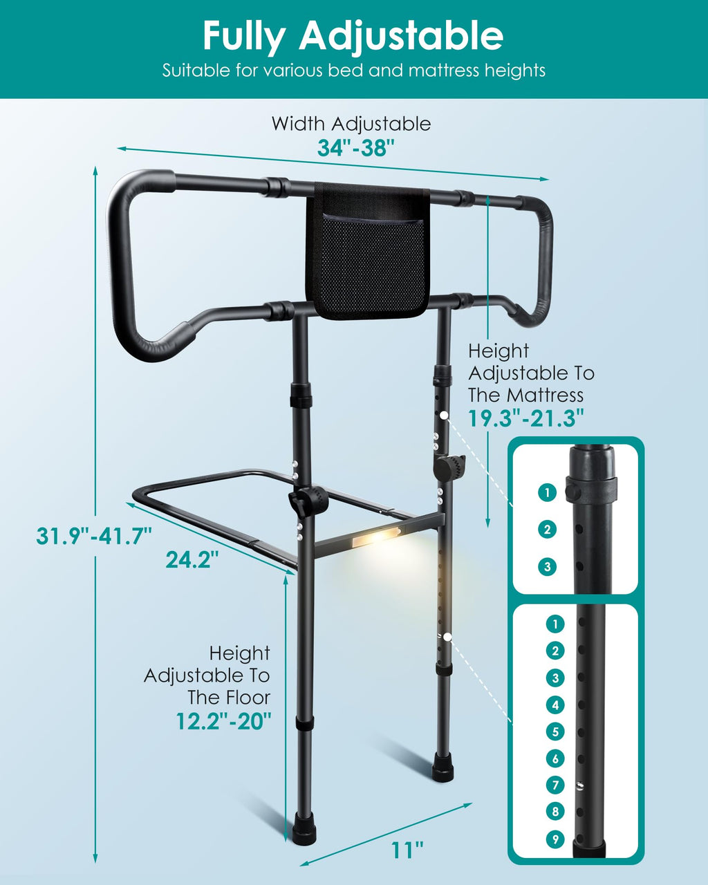 AMOVO Bed Rails for Elderly Adults Safety - Foldable Bed Assist Rails for Seniors Bed Side Grab Bar with Sensor Light, Adjustable Bedside Railing Safety Guard Rail Cane (ASTM F3186–17 Certified)