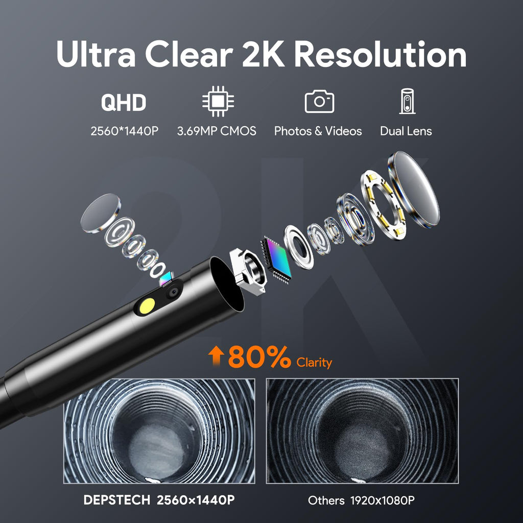 DEPSTECH 2K Endoscope Camera with Light, Dual Lens 2560P Phone Borescope