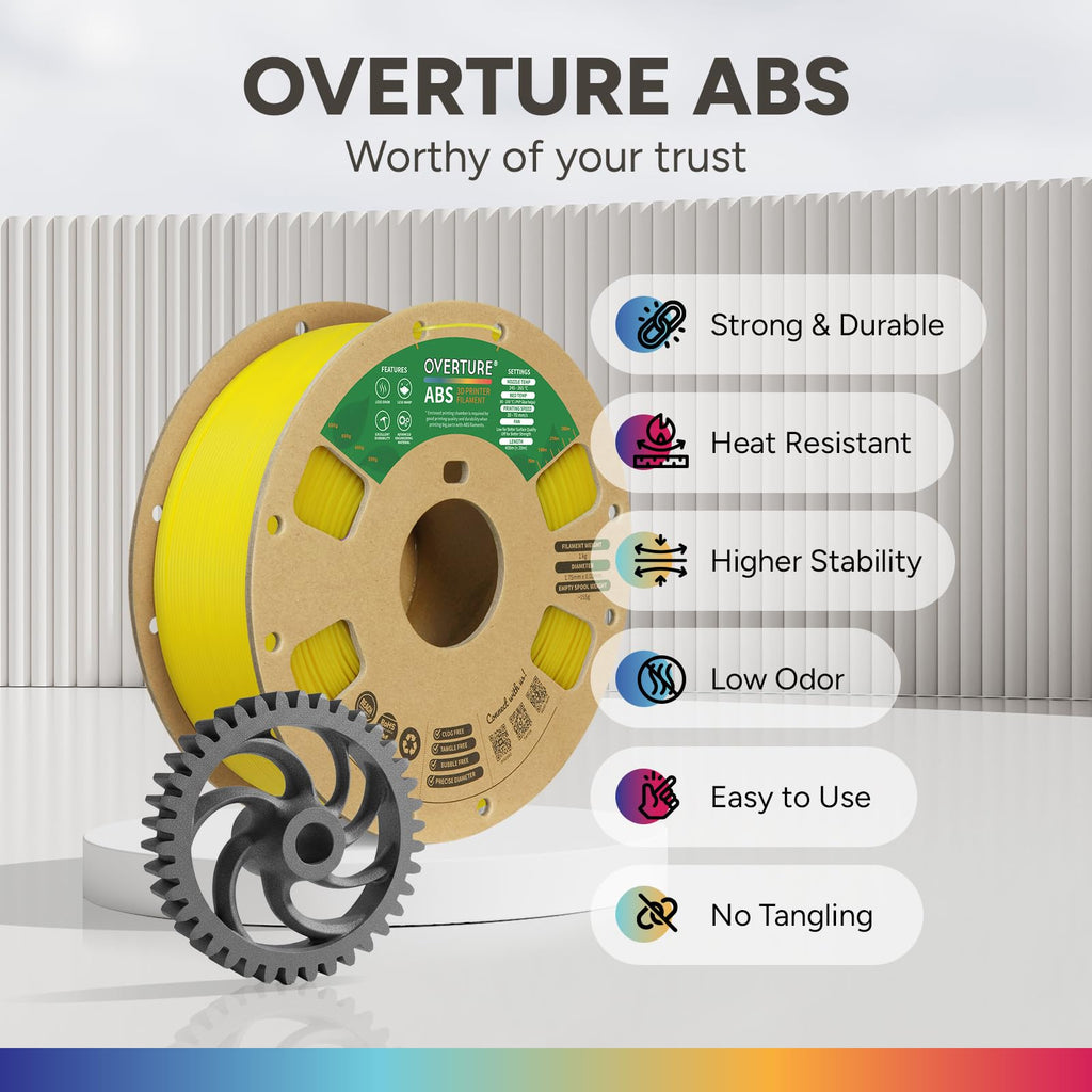 OVERTURE ABS Filament 1.75mm, High Strength & Heat-Resistant 3D Printer Filament, Low Warping, Excellent Durability, ABS 1kg (2.2lbs) Cardboard Spool, High Precision +/- 0.02mm (Yellow)